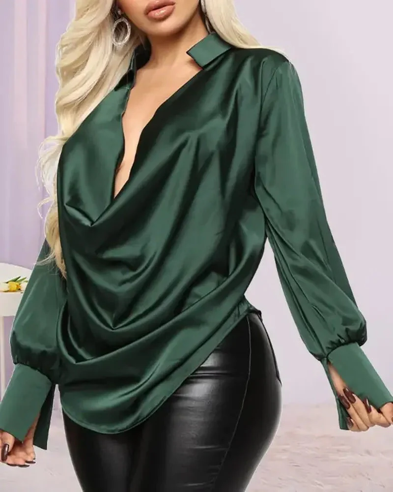 Deanwangkt - Plunge Neckline Long Sleeve Gathered Satin Shirt - Deanwangkt
