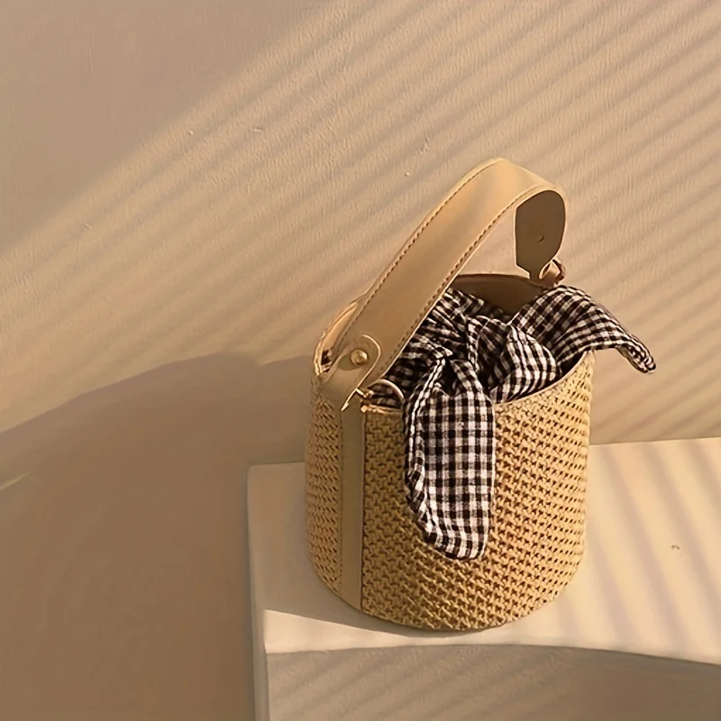 deanwangkt-1  Minimalist Straw Bucket Crossbody Bag, Summer Bohemian Shoulder Bag With Insert Plaid Pattern Twisted Pouch - Deanwangkt