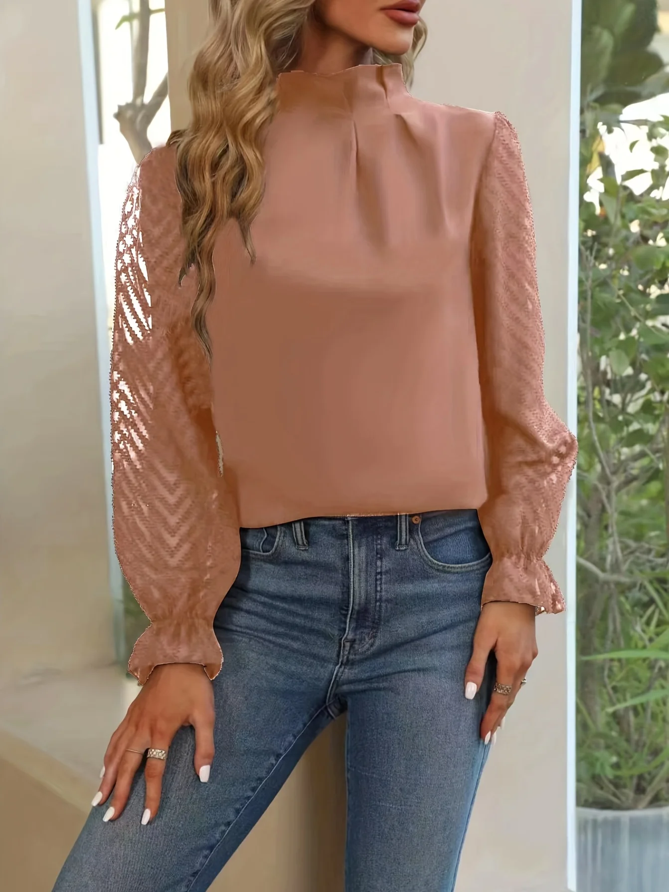 Ruched Keyhole Blouse, Elegant Solid Long Sleeve Versatile Blouse, Women's Clothing - Deanwangkt