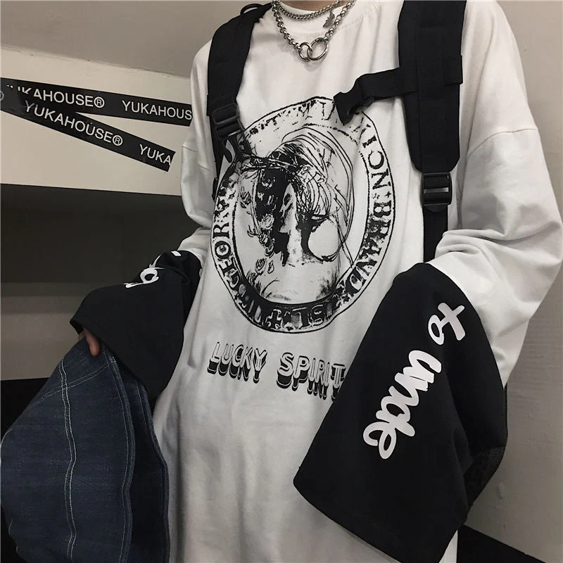 Black Friday Sales Summer Oversized T-Shirt S-5XL Unisex Black And White Stitching Streetwear Fashion Goth Punk Tops Dark Y2K Loose Female T-Shirt - Deanwangkt