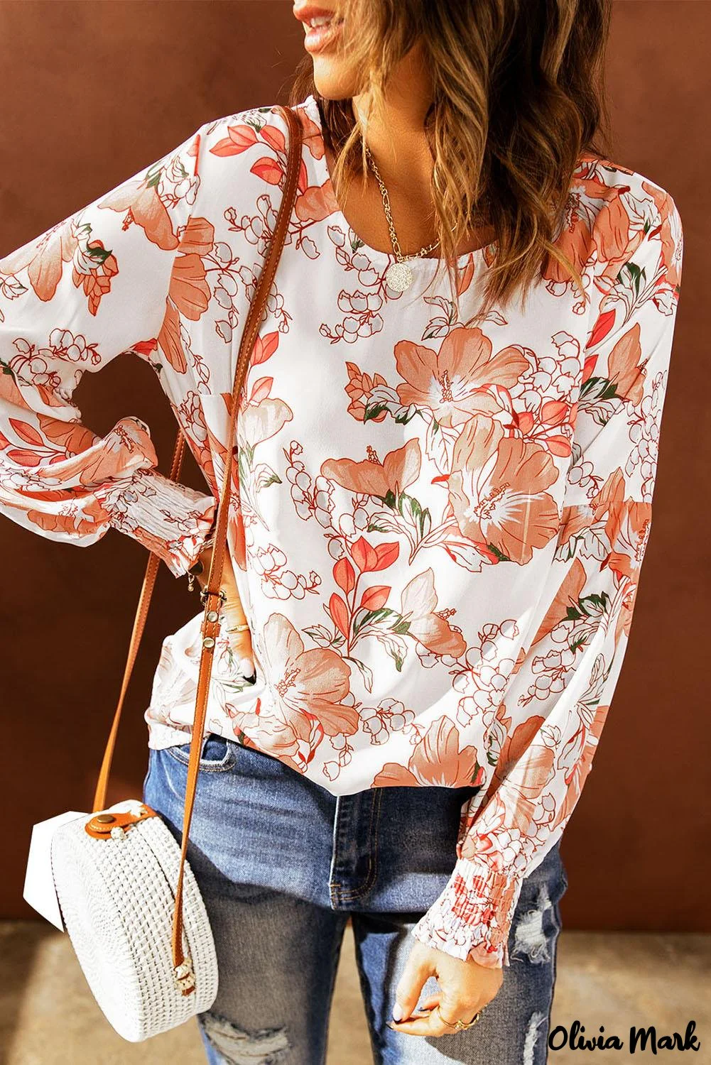 Deanwangkt - Orange floral print puff sleeve shirt with smocked cuffs - Deanwangkt