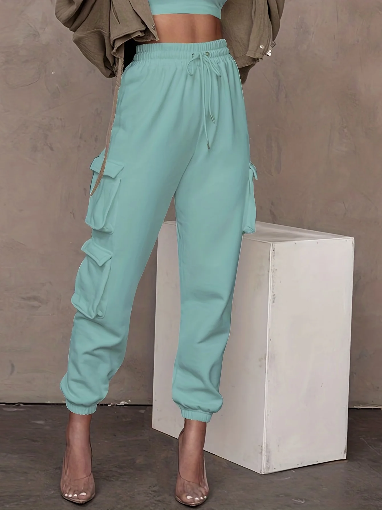 deanwangkt-1  Drawstring Baggy Cargo Pants, Casual High Waist Flap Pockets Pants, Women's Clothing - Deanwangkt