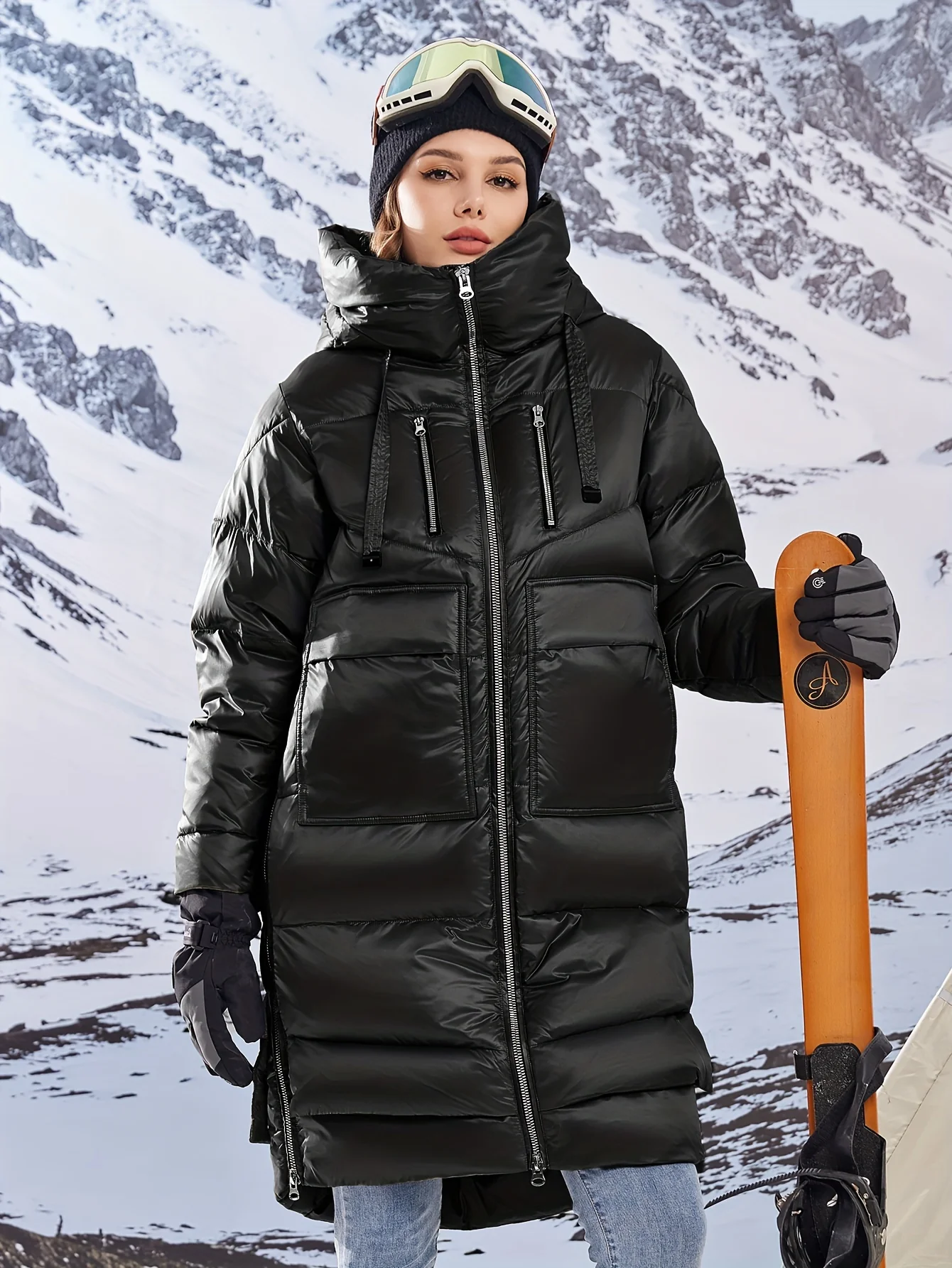 Thermal Zip-up Hoodie Knee Length Coat, Long Sleeve Pocket Puffy Outerwear For Fall & Winter, Women's Clothing - Deanwangkt