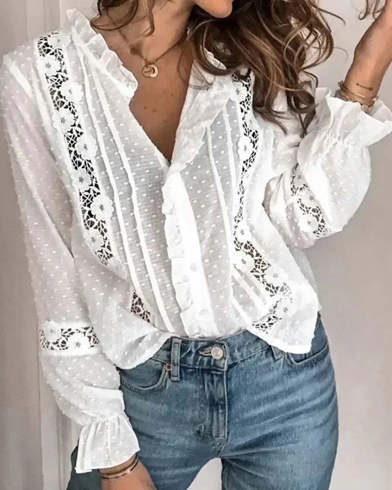 Deanwangkt - Polka Dot Floral Lace Ruffle Hem Top - Deanwangkt