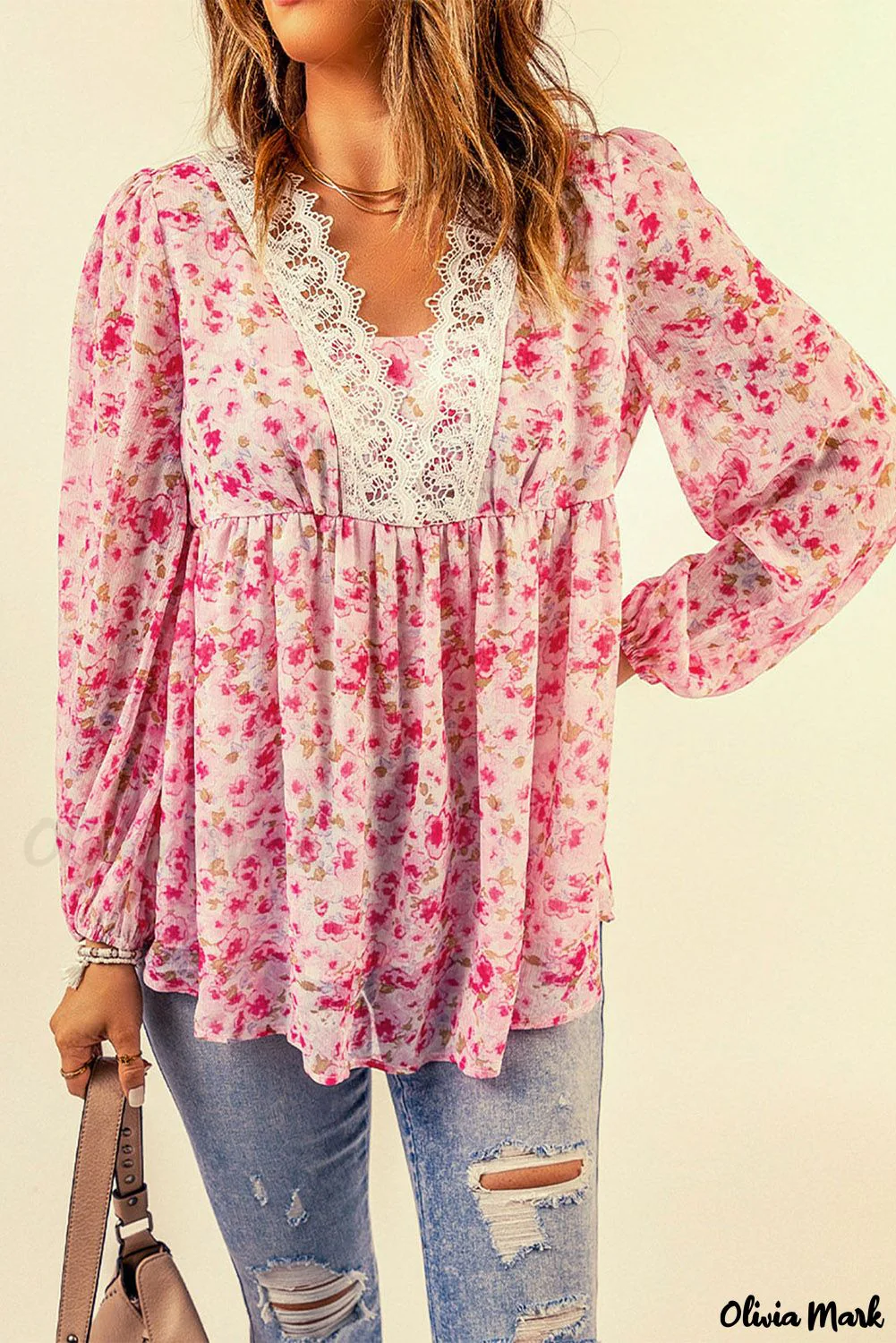 Deanwangkt - Pink Floral Print Lace Patchwork V-Neck Blouse - Deanwangkt