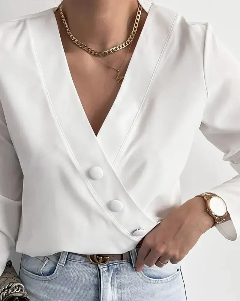 Deanwangkt - Wrap top with long sleeves and buttoned decoration - Deanwangkt