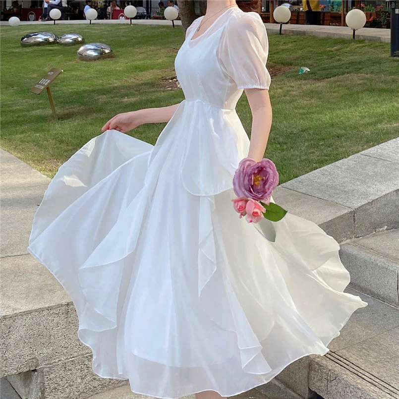 Christmas Gift Deanwangkt Summer Pink Elegant Casual Women's Dresses Short Sleeve Sweet Midi Dress Females Party One Piece Dress Korean Square Collar - Deanwangkt