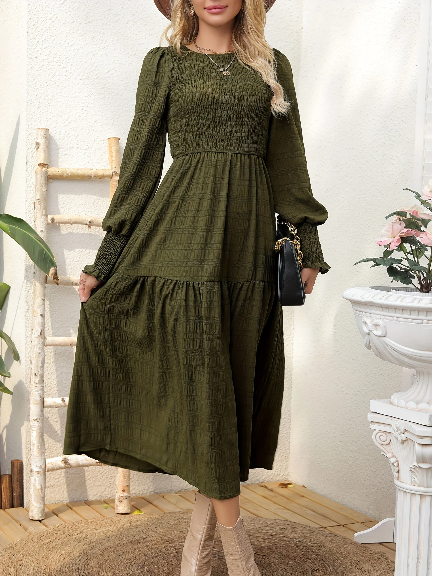 deanwangkt-1 Textured Shirred Dress, Casual Solid Long Sleeve Midi Dress, Women's Clothing - Deanwangkt