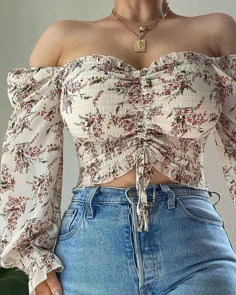 Deanwangkt - Floral Print Drawstring Off Shoulder Cropped Top - Deanwangkt