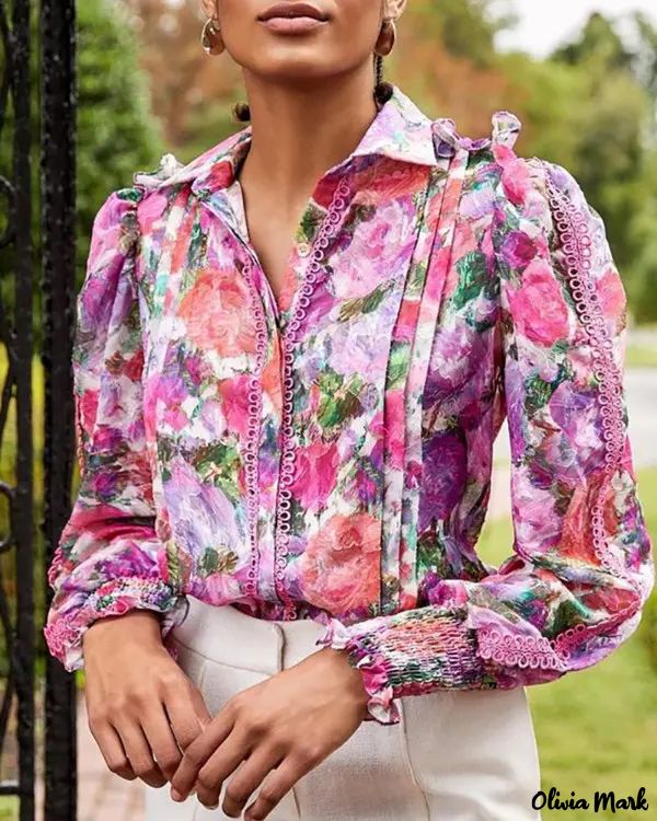 Deanwangkt - Contrast lace floral print top with lantern sleeves and ruffled hem - Deanwangkt