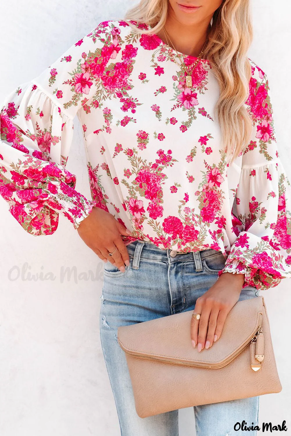 Deanwangkt - Pink floral blouse with round neck and bishop sleeves - Deanwangkt