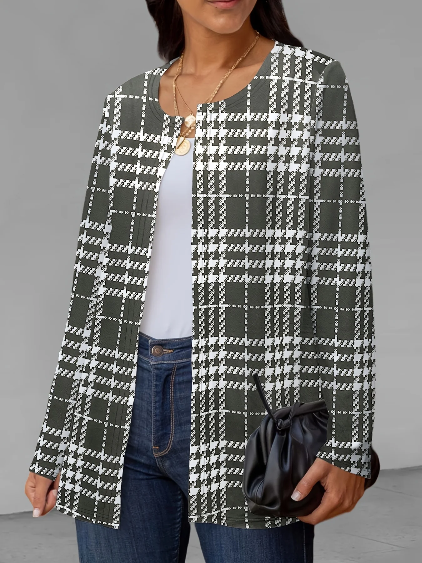 deanwangkt-1 Plaid Print Crew Neck Jacket, Casual Long Sleeve Outerwear For Fall, Women's Clothing - Deanwangkt