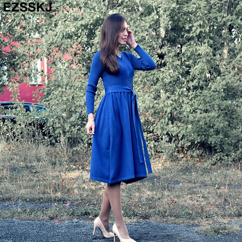 Christmas Gift Deanwangktautumn winter v-neck maxi sweater dress women OL female long sweater dress with belt elegant a-line solid slim dress - Deanwangkt