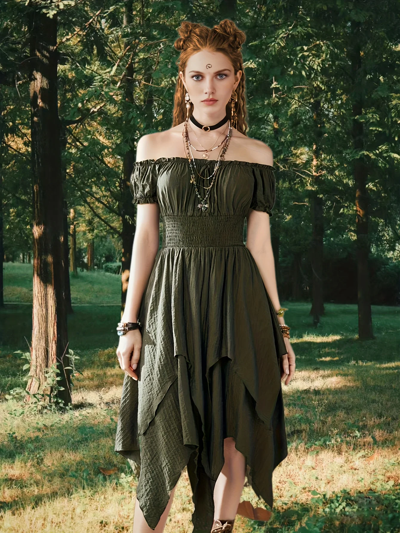 deanwangkt-1  Off Shoulder Ruffle Layered Hem Dress, Grunge Shirred Waist Dress For Spring & Summer, Women's Clothing - Deanwangkt