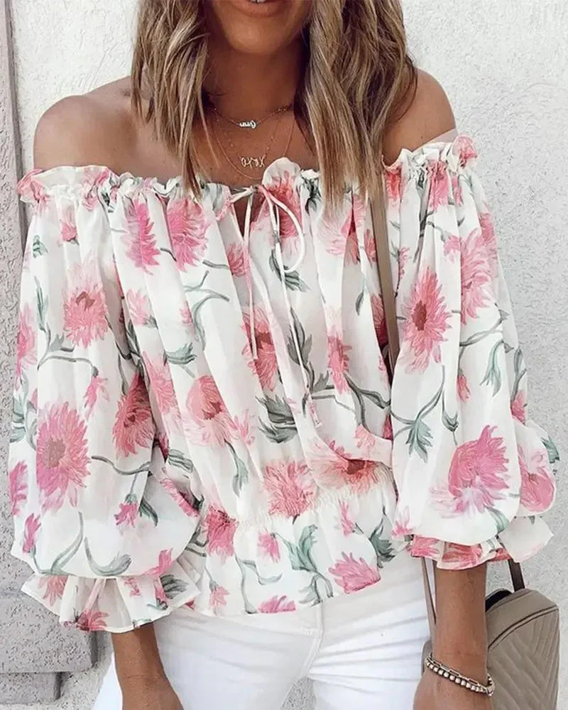 Deanwangkt - Off The Shoulder Floral Print Lantern Sleeve Top - Deanwangkt