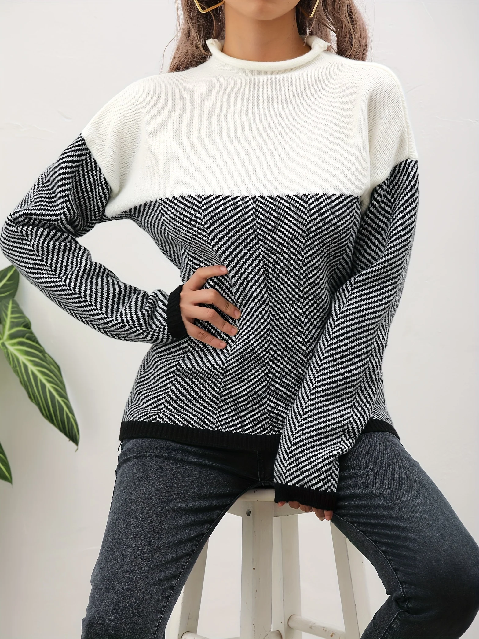 deanwangkt-1  Long Sleeve Elegant Loose Sweater, High Neck Casual Sweater For Winter & Fall, Women's Clothing - Deanwangkt