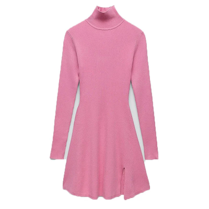 Christmas Gift Deanwangkt Women Fashion Chic Pink Side Split Slim Knitted Mini Dress Female Elegant Turtleneck Long Sleeve Dresses Vestidos - Deanwangkt