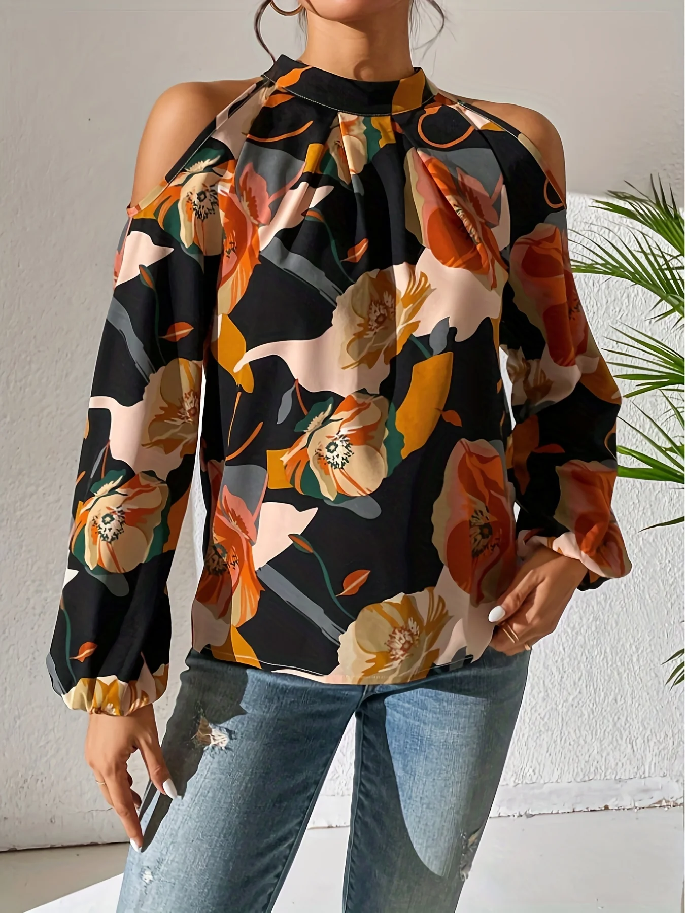 Floral Print Cold Shoulder Blouse, Elegant Lantern Sleeve Blouse For Spring & Fall, Women's Clothing - Deanwangkt