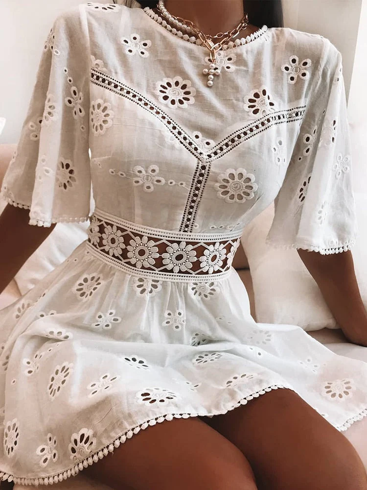 Christmas Gift Aproms Elegant White Floral Embroidery Cotton Dress Women Casual High Fashion Backless Short Mni Dresses High Waist Autumn Dress - Deanwangkt