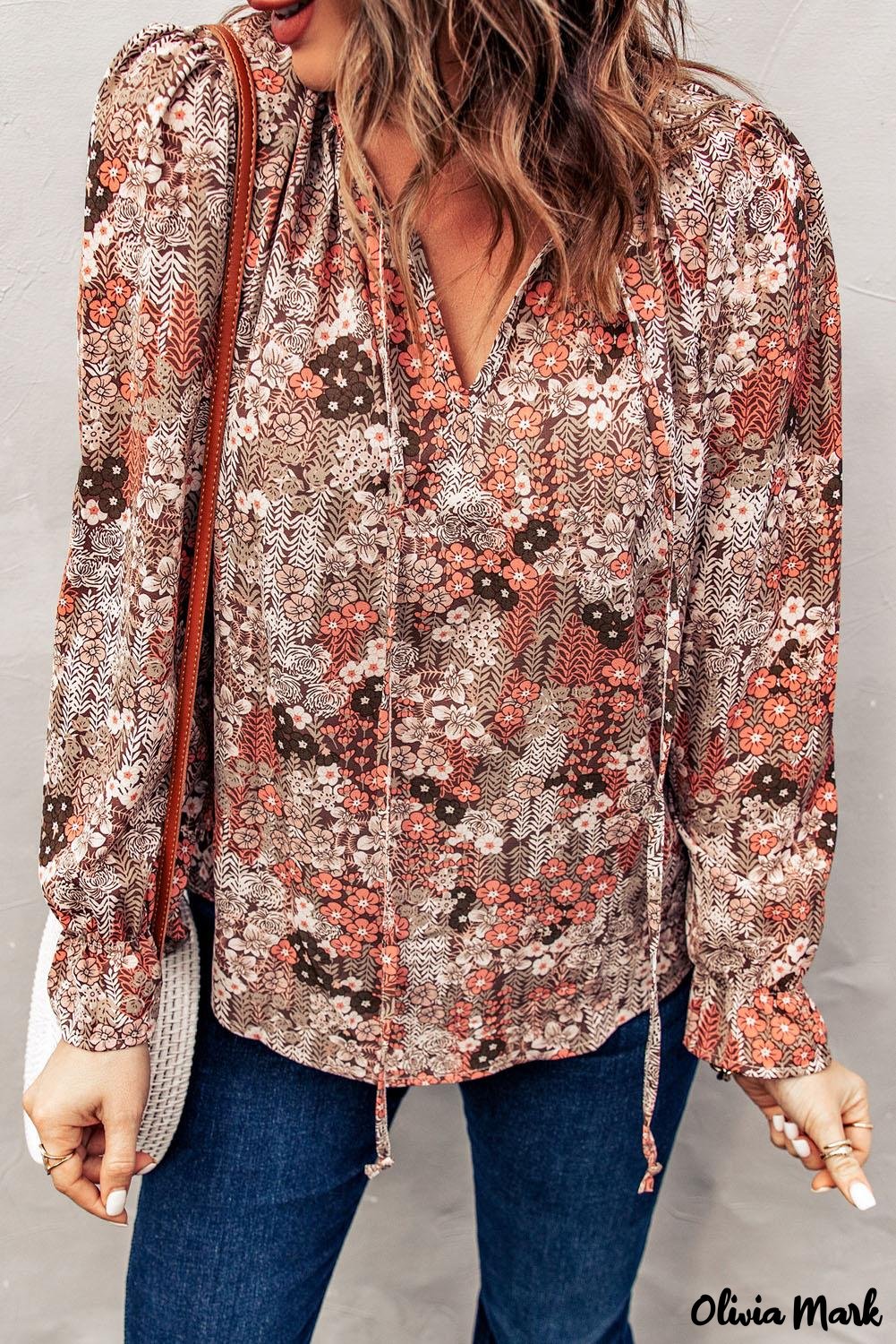 Deanwangkt - Multicolor Floral Print Drawstring Long Sleeve Blouse - Deanwangkt