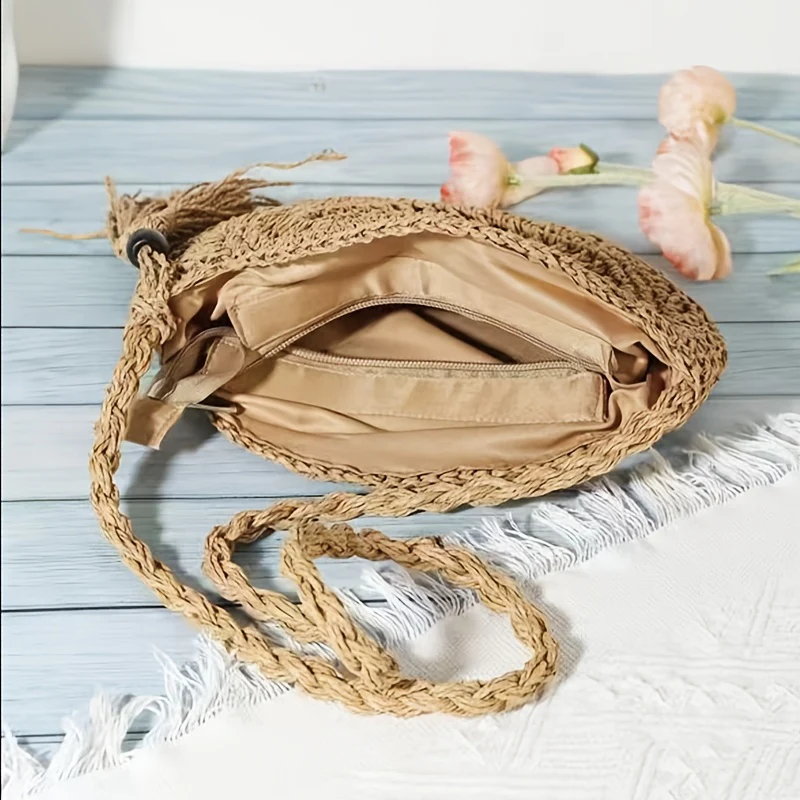 Bohemian Woven Round Shoulder Bag, Minimalist Crossbody Bag, All-Match Summer Beach Bag - Deanwangkt