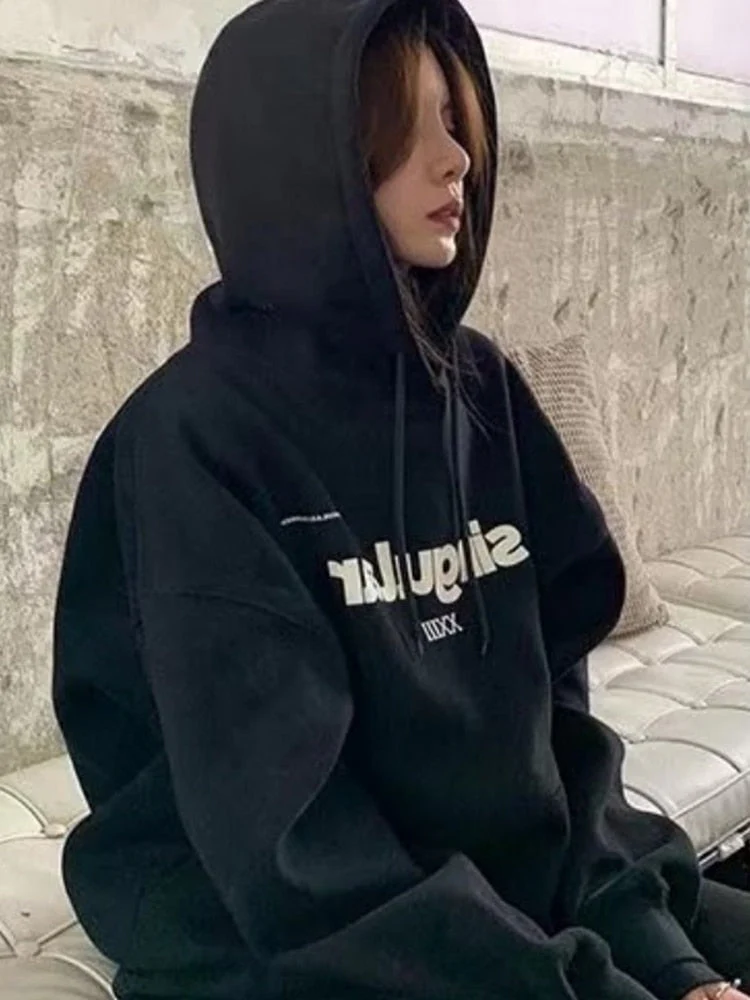 Black Friday Sales Grey Hoodie Women Plus Size Letter Print Sweatshirt Loose Street Lazy Style Casual Autumn And Winter Pullover - Deanwangkt