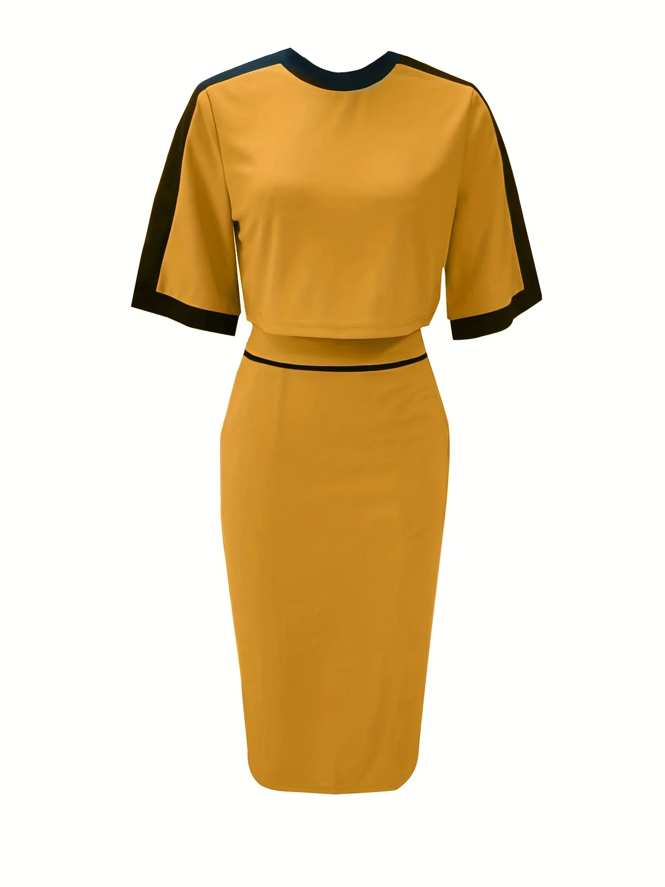 deanwangkt-1  Contrast Trim Two-piece Skirt Set, Half Sleeve Crop Top & Elegant Bodycon Skirt Outfits, Women's Clothing - Deanwangkt