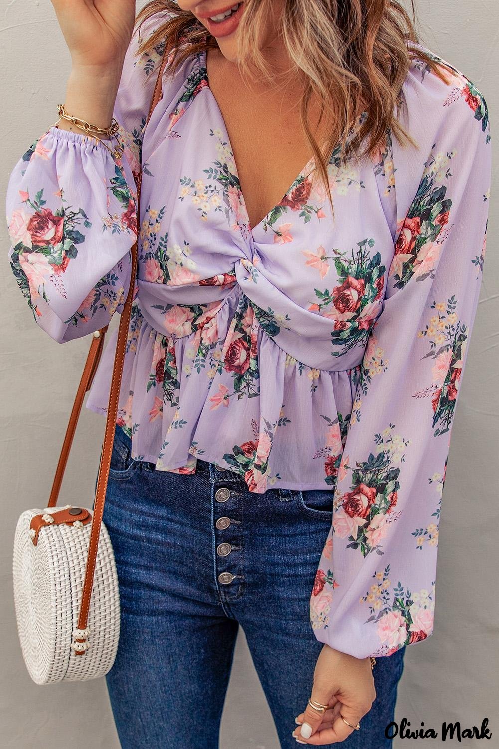 Deanwangkt - Beige Floral V-Neck Balloon Sleeve Twist Front Blouse - Deanwangkt