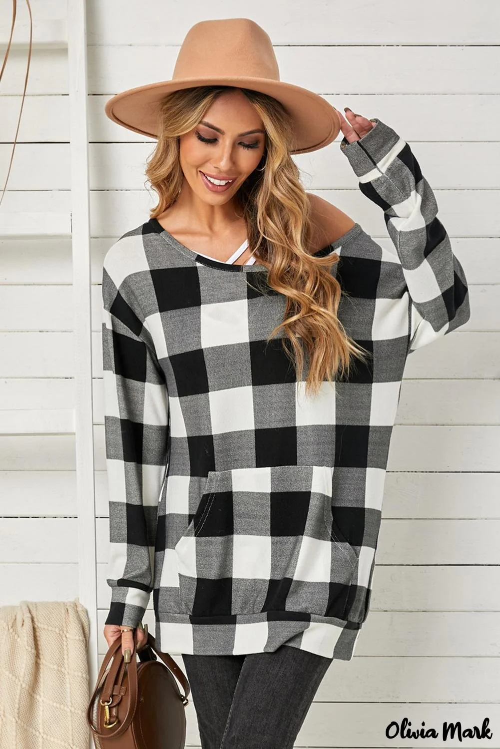 Deanwangkt - Plaid Kangaroo Pocket Long Sleeve Blouse - Deanwangkt