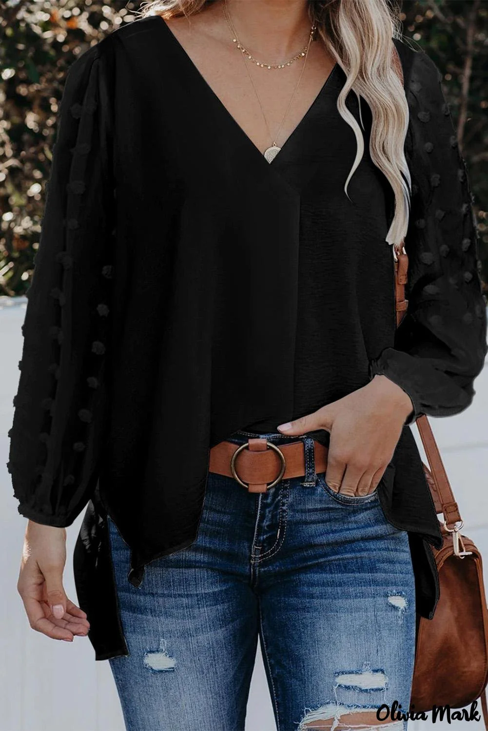 Deanwangkt - Black Polka Dot V-Neck Long Sleeve Blouse - Deanwangkt