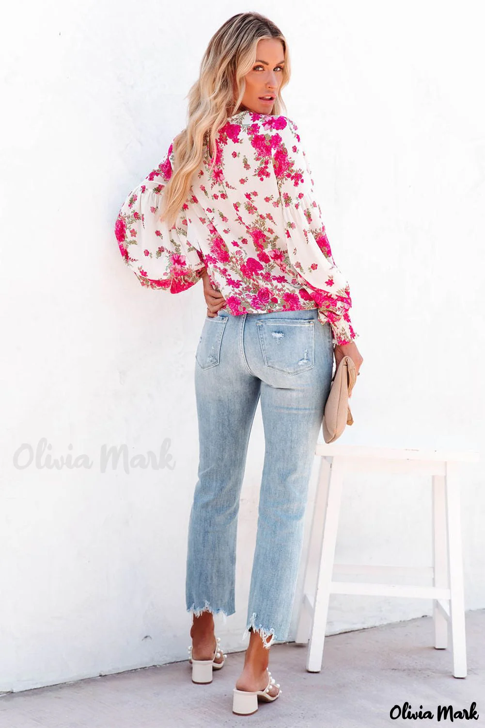 Deanwangkt - Pink floral blouse with round neck and bishop sleeves - Deanwangkt