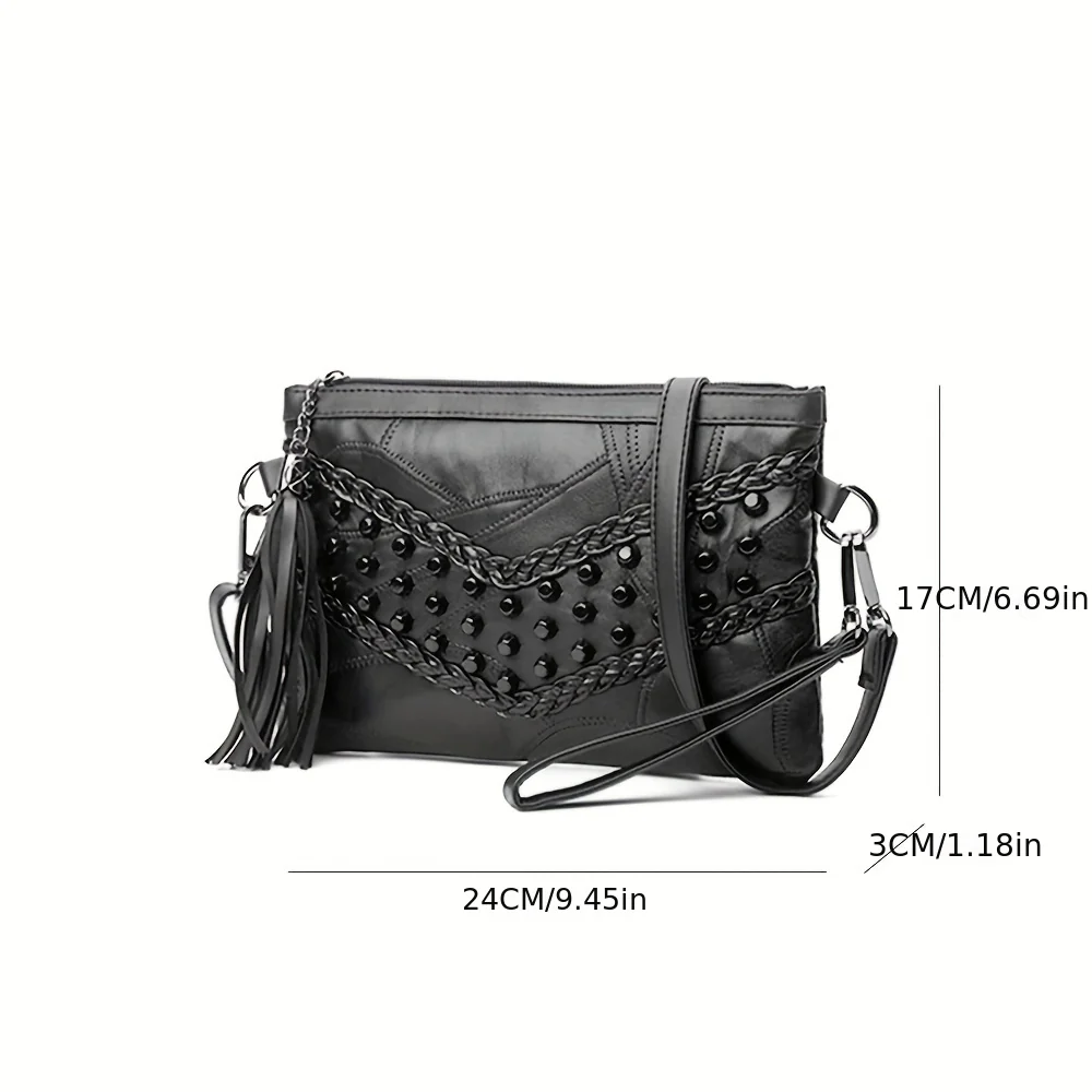 Studded Decor Crossbody Bag, Gothic Black Shoulder Bag, Trendy Wrist Clutch Purse With Tassel - Deanwangkt