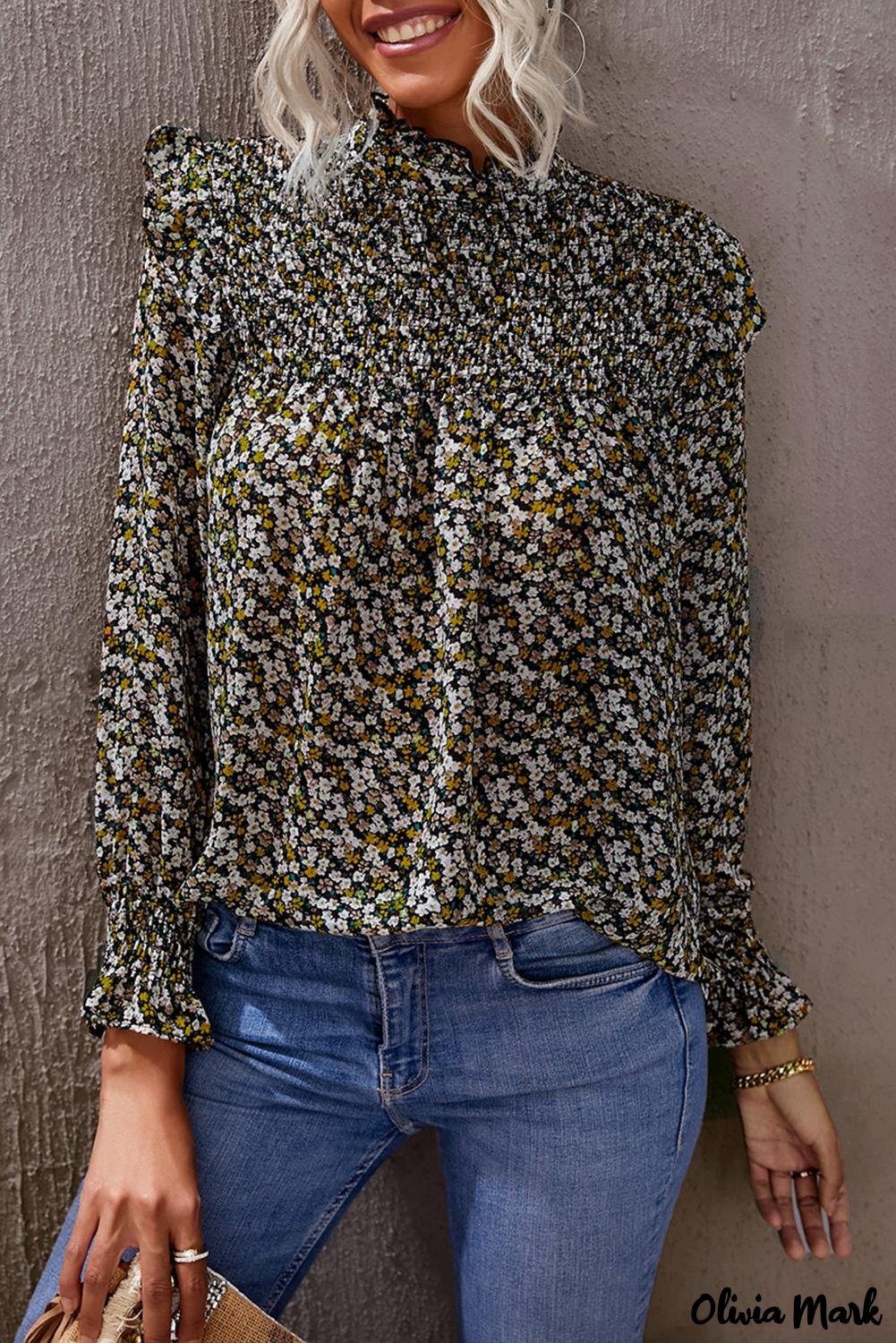 Deanwangkt - Floral Print Ruffle Long Sleeve Blouse - Deanwangkt