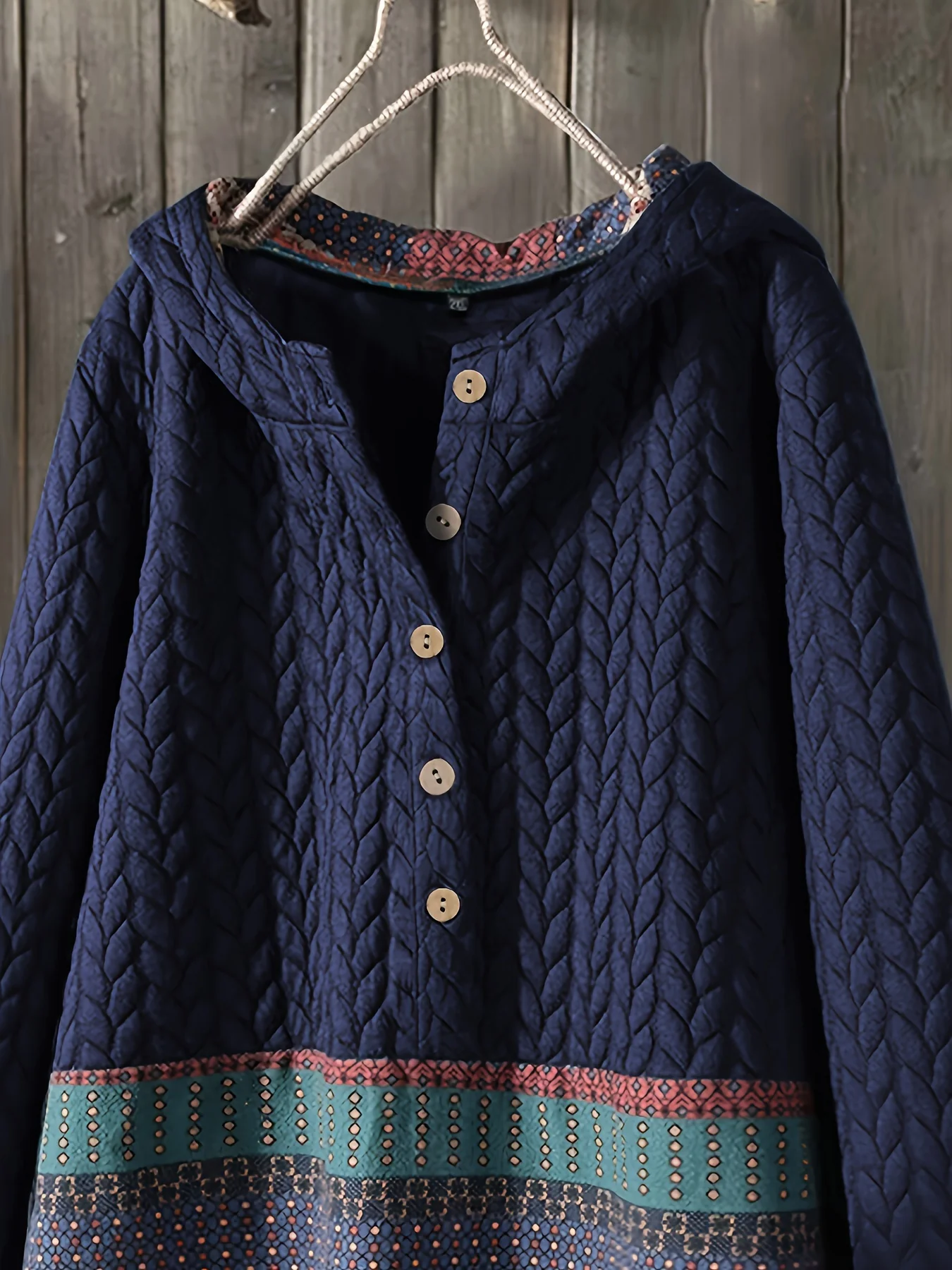 Tribal Print Long Sleeve Hooded Padded Jacket, Casual Button Front Loose Hem Outerwear, Women's Clothing - Deanwangkt