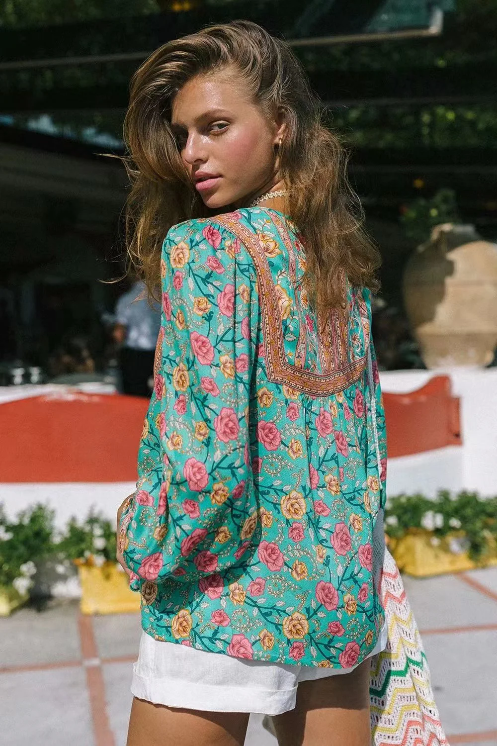 Deanwangkt - Green Floral Lantern Sleeve Blouse - Deanwangkt