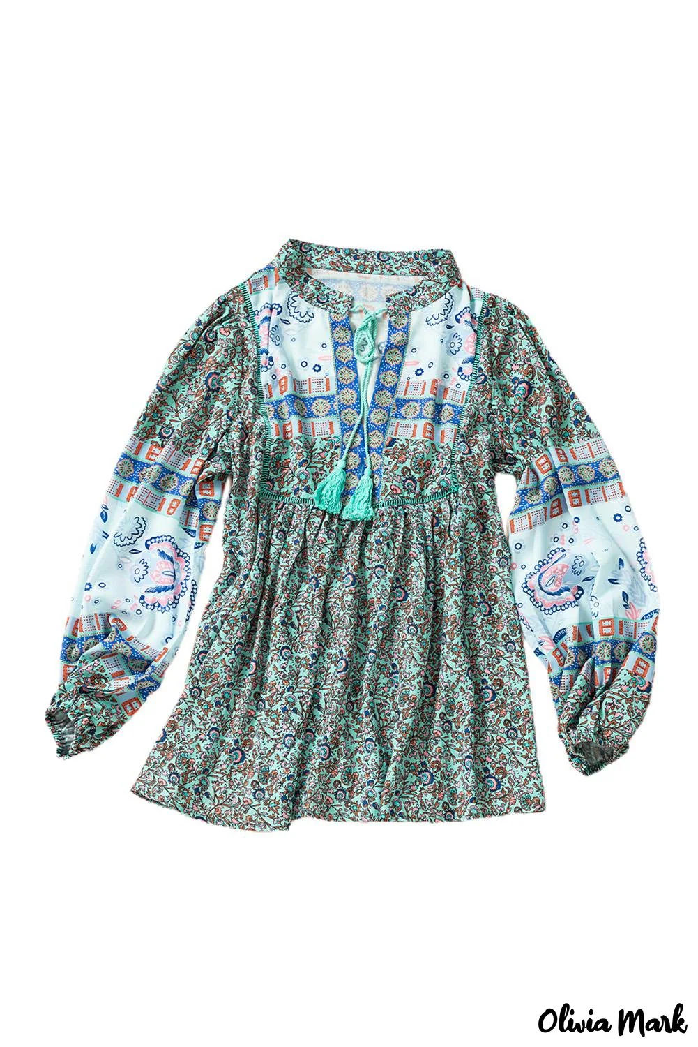 Deanwangkt - Red Floral Patchwork Split Neck Bubble Sleeve Blouse - Deanwangkt