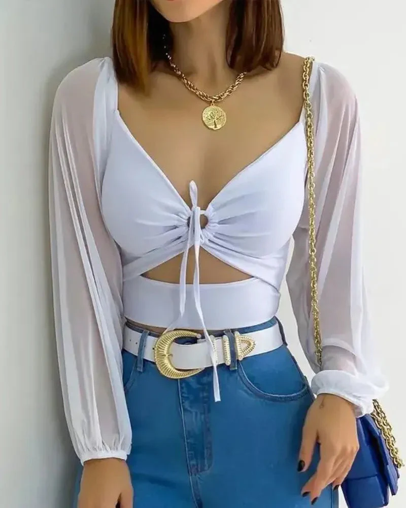 Deanwangkt - Sheer Mesh Long Sleeve Crop Top - Deanwangkt