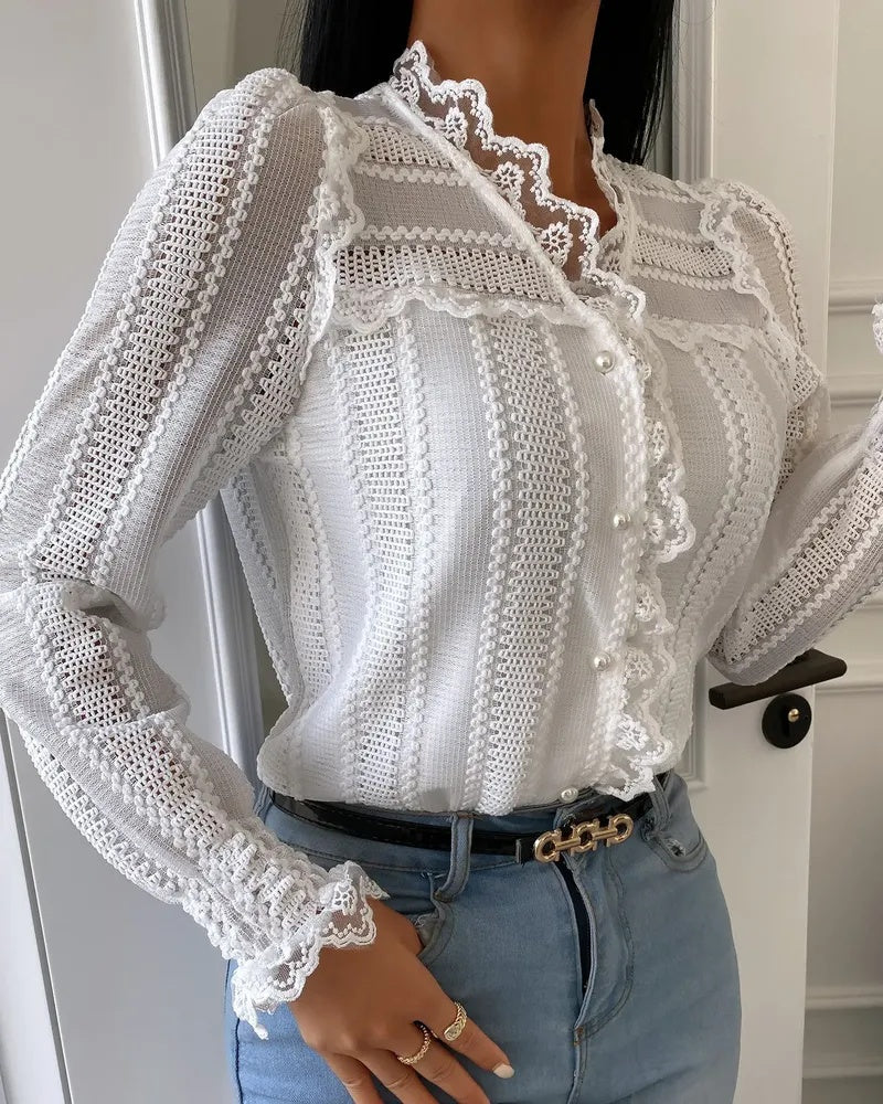 Deanwangkt - Button front top with lace trim and long sleeves - Deanwangkt