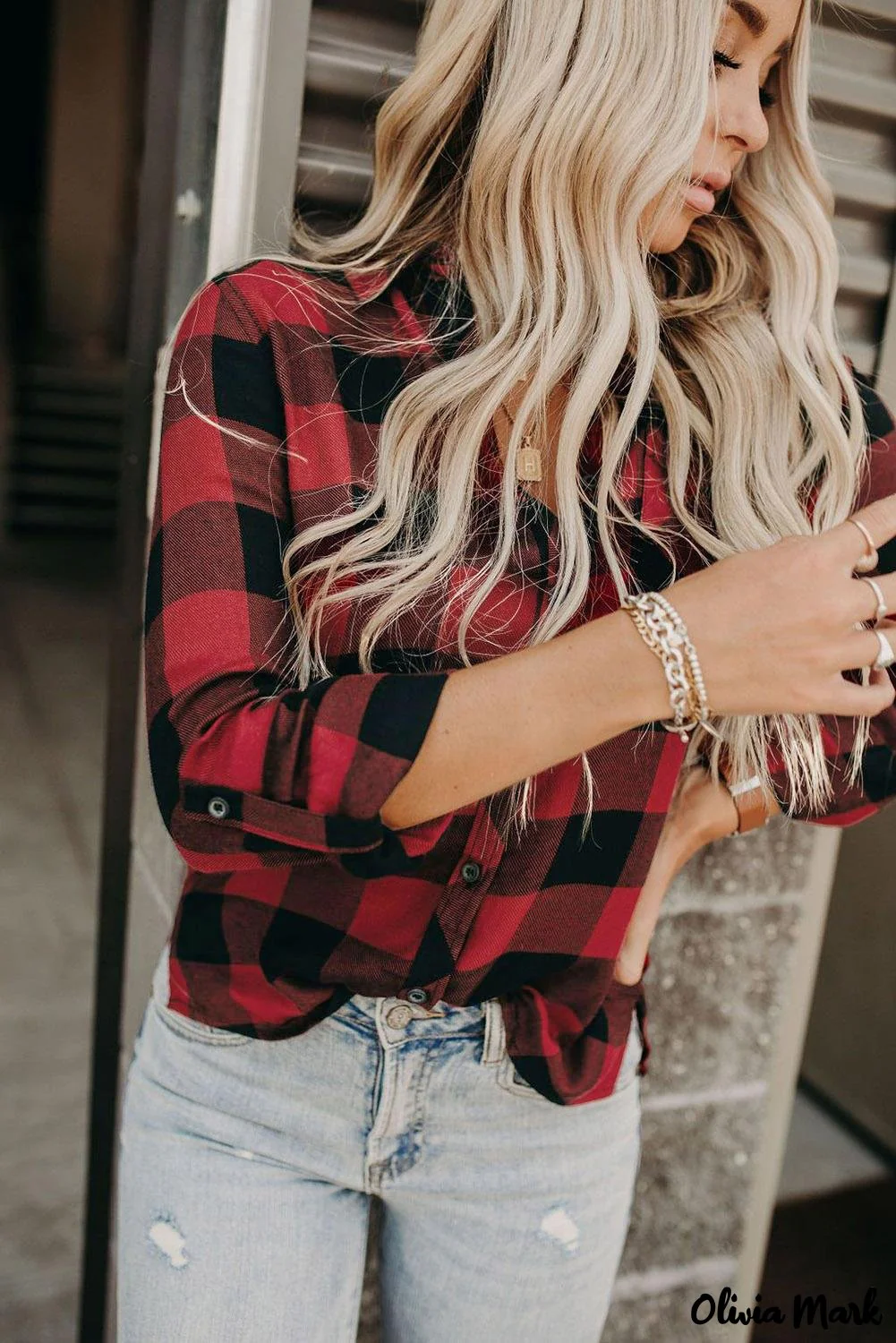 Deanwangkt - Red Buffalo Plaid Blouse with Button Pocket - Deanwangkt