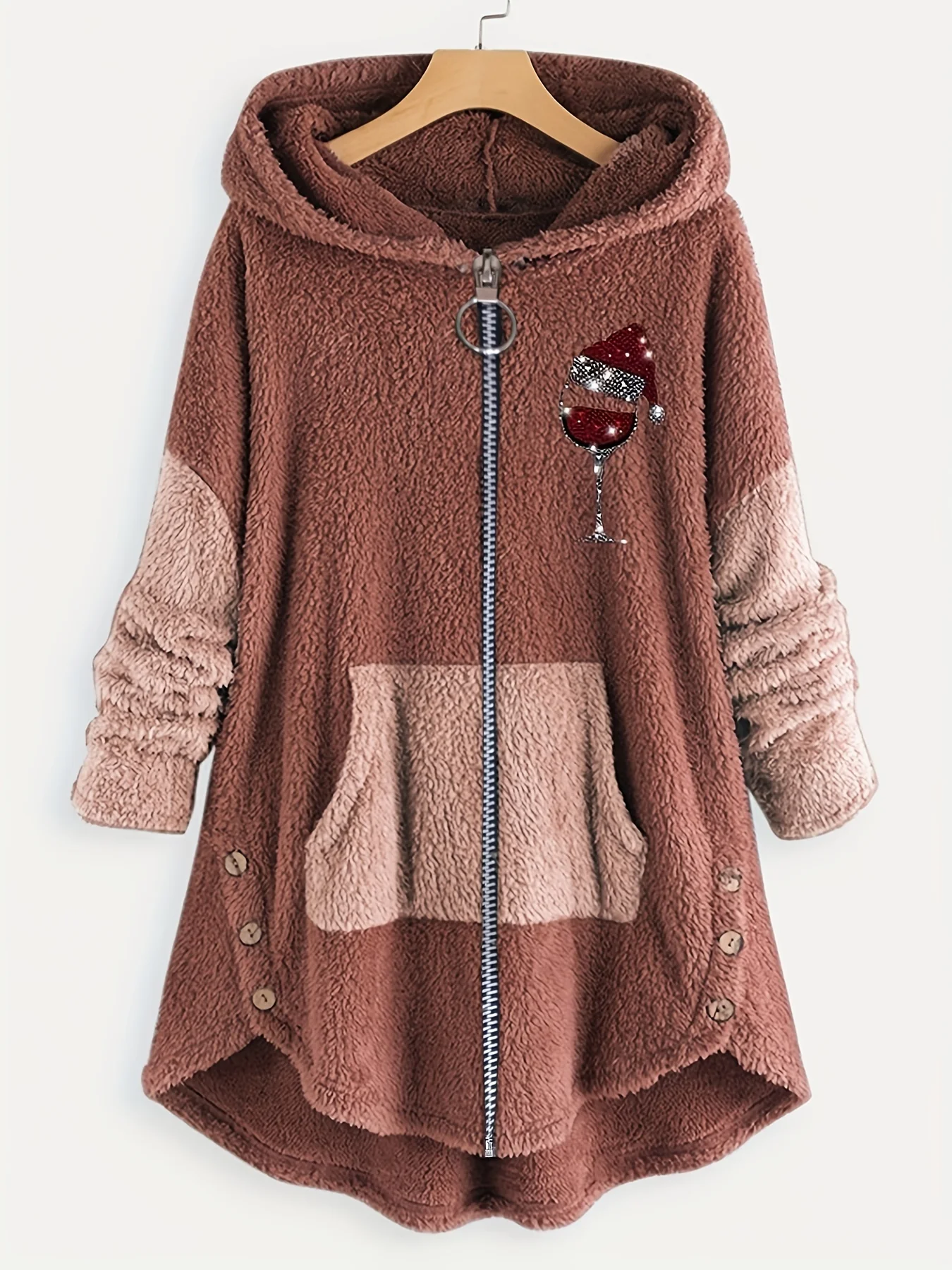deanwangkt-1  Plus Size Christmas Casual Coat, Women's Plus Sequin Christmas Hat Wine Glasses Zipper Long Sleeve Plush Hooded Teddy Coat - Deanwangkt