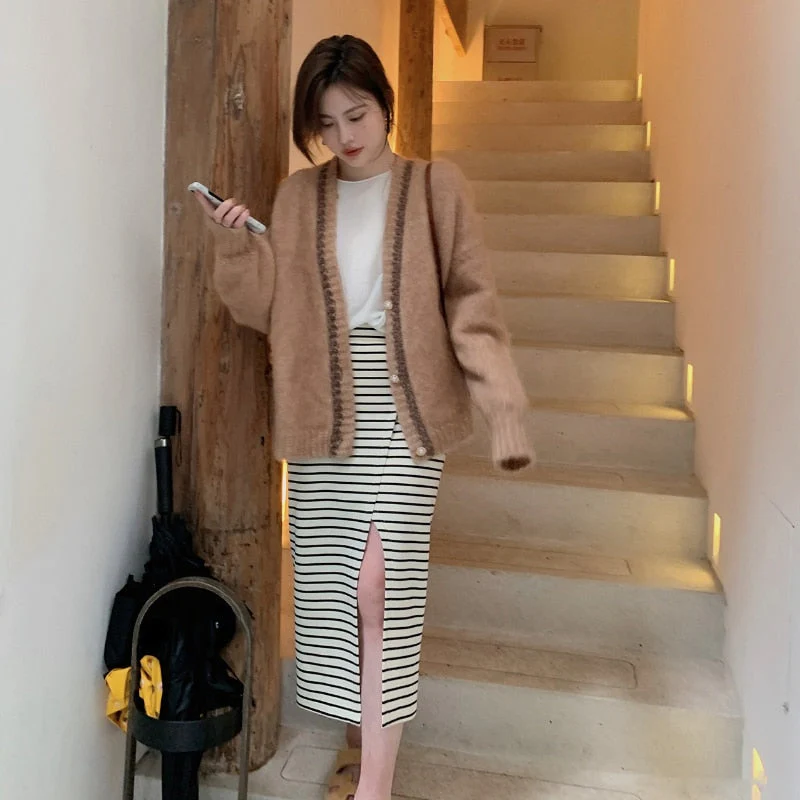 Christmas Gift Autumn Knit Cardigan Coat Female Preppy Style Long Sleeve Vintage Sweater Coat Office Lady Fashion Korean Coats Women - Deanwangkt