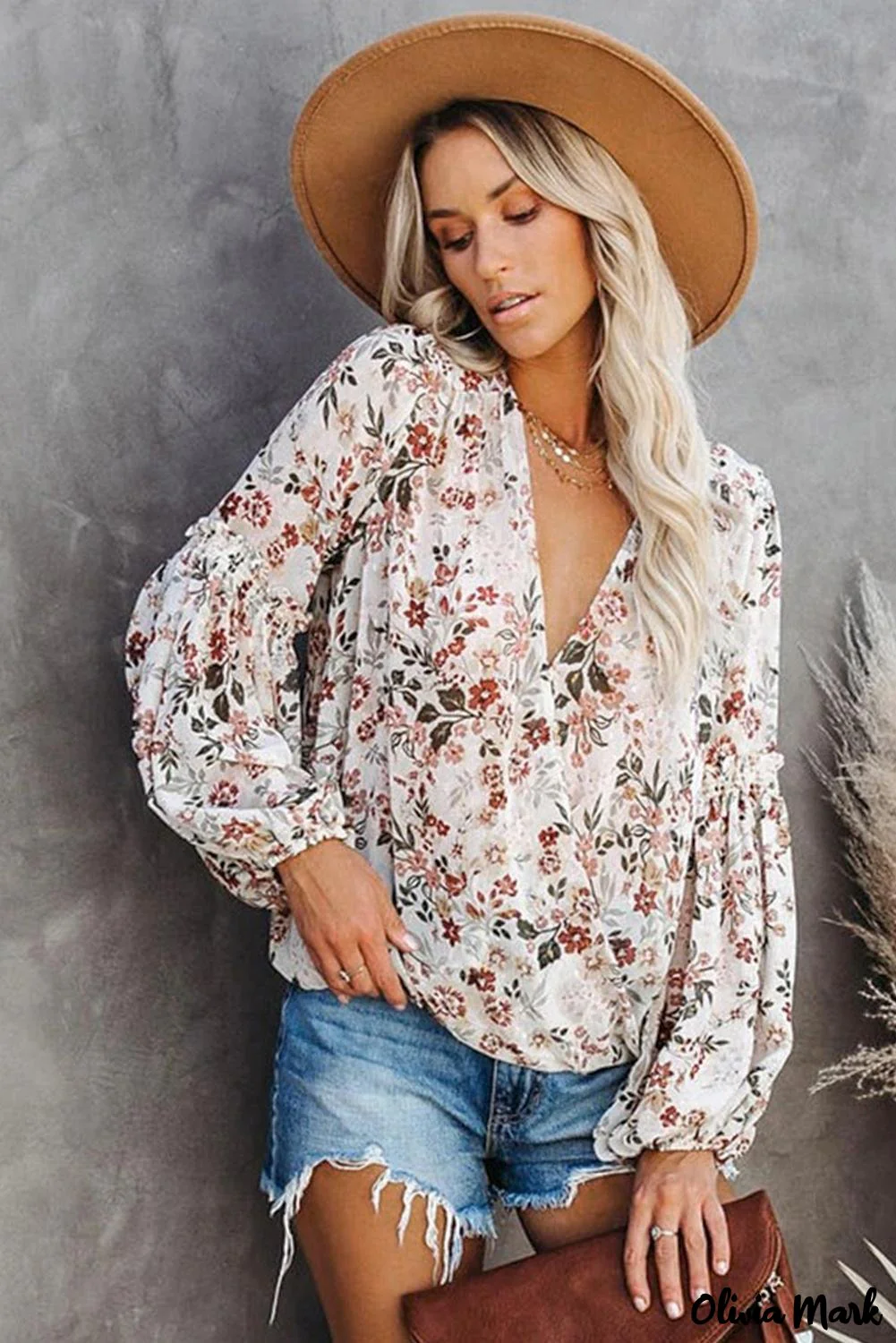 Deanwangkt - Multicolor Draped V-Neck Floral Lantern Sleeve Blouse - Deanwangkt