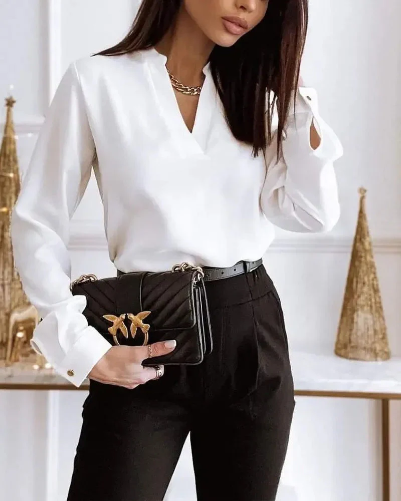 Deanwangkt - Casual Long Sleeve V-Neck Top - Deanwangkt