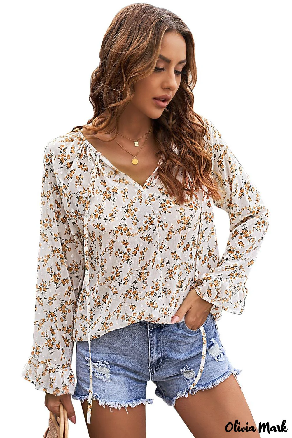 Deanwangkt - Multicolor Floral Print Drawstring Long Sleeve Blouse - Deanwangkt