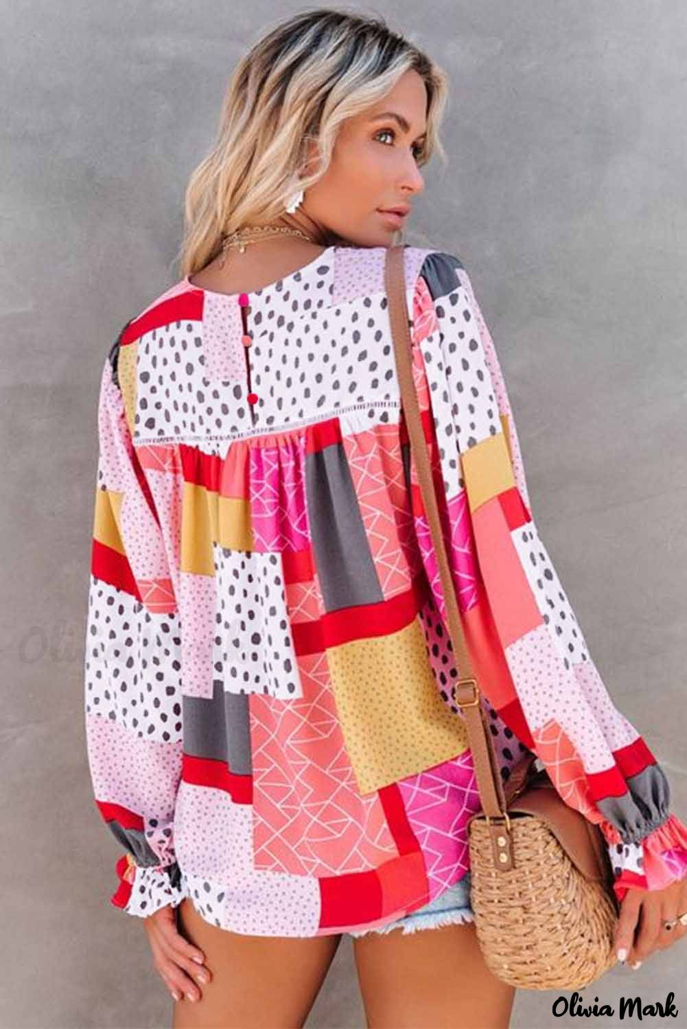 Deanwangkt - Multicolor Polka Dot Geometric Patchwork Long Sleeve Blouse - Deanwangkt