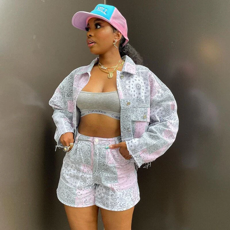 BoozRey Women Fall shorts sets Casual Fashion Printed Y2k Womens Jacket Long Sleeve Top Short Pants two piece set plus size sets - Deanwangkt