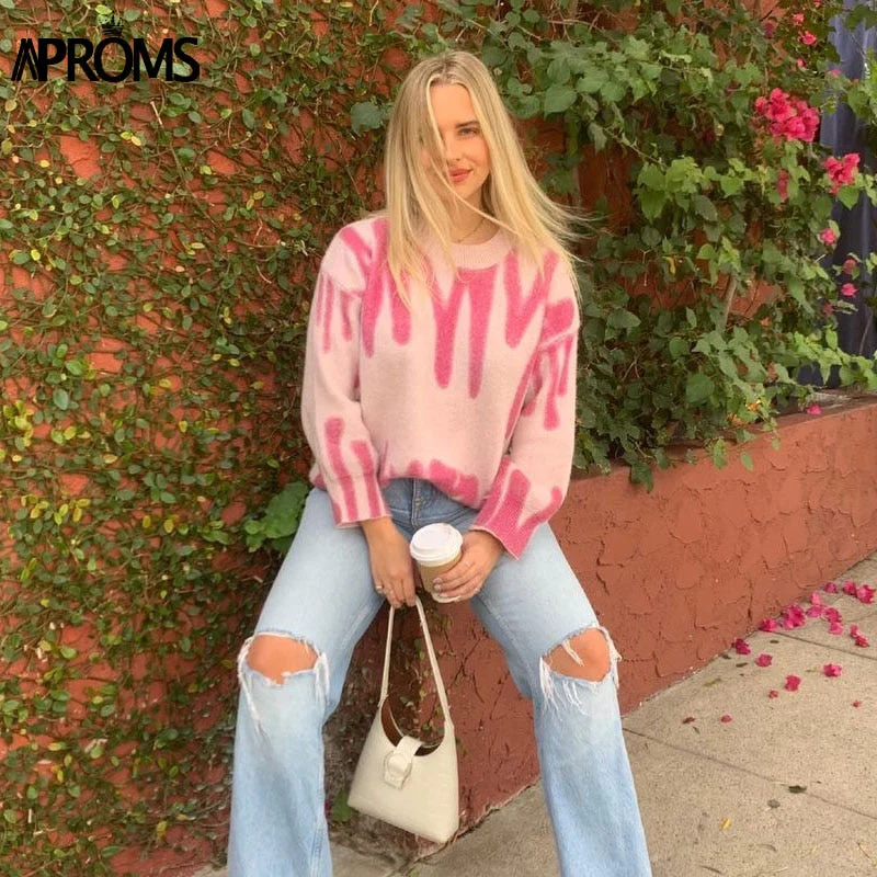 Christmas Gift Aproms Elegant Korean Fashion Rose Stripe Print Long Sweater Women Deanwangkt Winter Streetwear Pink Knitted Pullovers Loose Outerwear - Deanwangkt