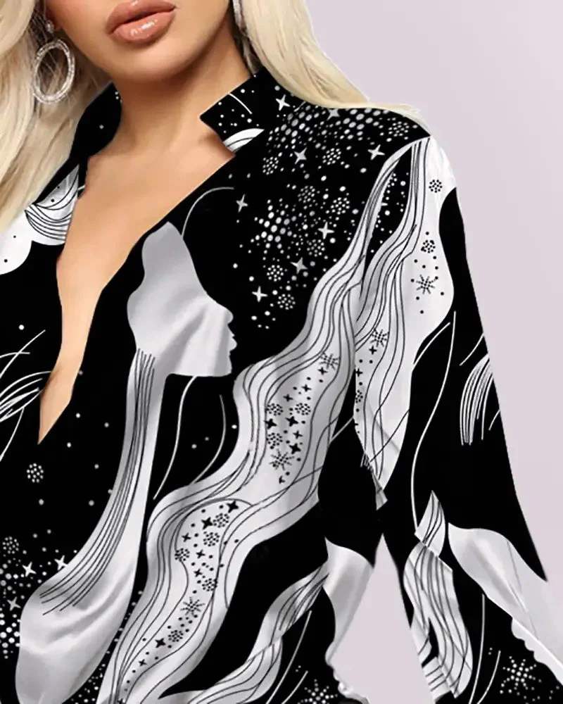 Deanwangkt - Plunge Neckline Long Sleeve Graphic Top - Deanwangkt