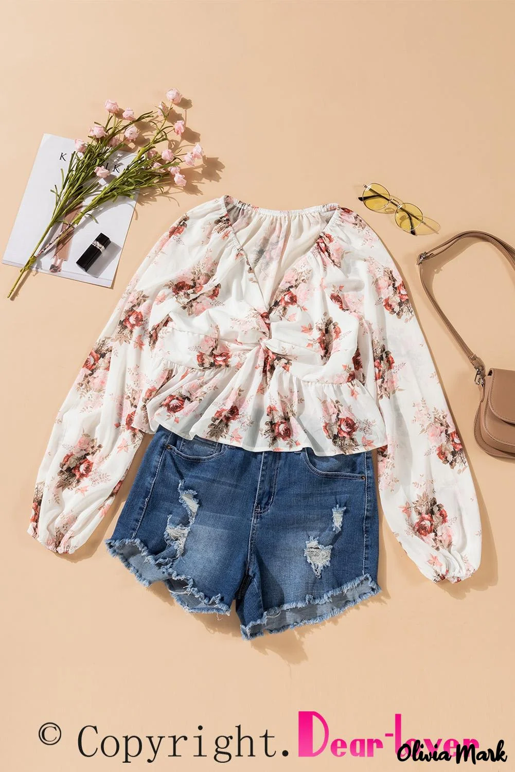 Deanwangkt - Beige Floral V-Neck Balloon Sleeve Twist Front Blouse - Deanwangkt