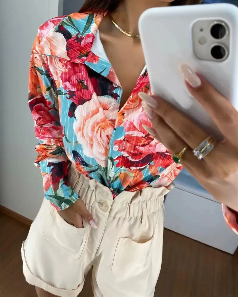 Deanwangkt - Floral Print Lantern Sleeve Button Down Shirt - Deanwangkt